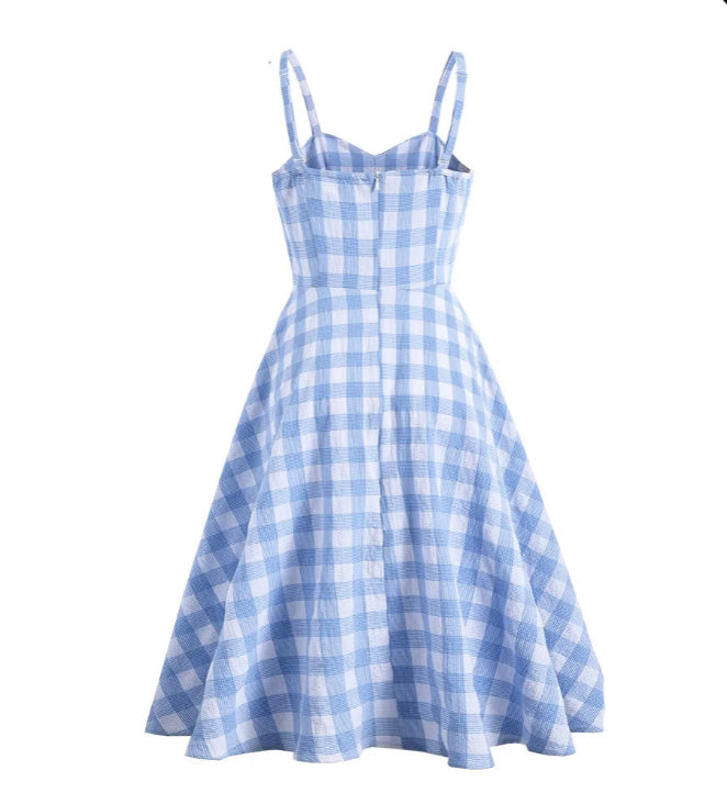 Spaghetti Strap Yellow Gingham Plaid 50s Vintage Rockabilly Dresses Birthday Clothing for Women Party Backless Summer Dress Blue Gingham