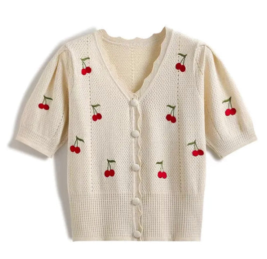 Summer Short Sleeve Thin Hollow Out Cherry Embroidery Knitted Cardigan Women's T-Shirts Chic V-neck Versatile Knitwear Crop Tops