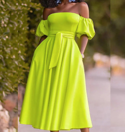 Elegant Lady New Summer Dress Midi Dresses Summer Women Off Shoulder Solid Party Dress Short Sleeve Flair Elegant Dress Club Dress