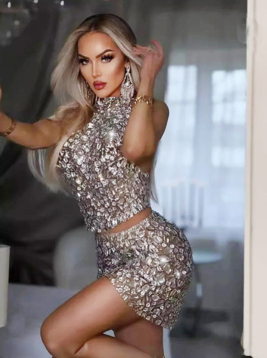 Sparkling Rhinestone Sexy Halter Backless Two-Pieces Set Birthday Evening Party Celebrity Stage Costume Nightclub Dress