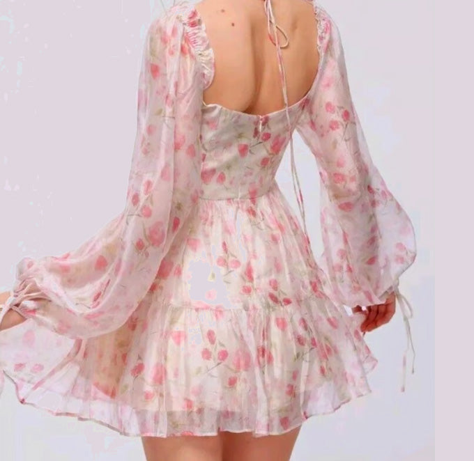 Romantic Dress Sweet Floral Mini Dress Woman Long Sleeve Causal Floral Dress Beach Party One Piece Dress Korean Fashion Summer Chic Sheer Long Sleeves