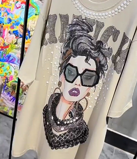 HMUCH Super GLAM Oversized T-shirt Rhinestone Streetwear Brand Lace Goddess Rhinestone Round Neck Short Sleeve T-shirt Dress