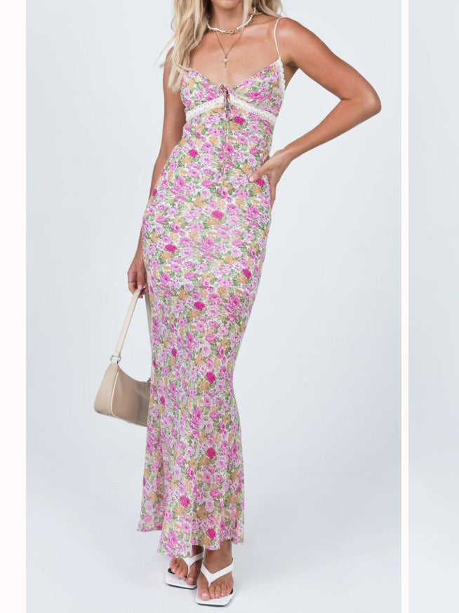 Floral Print Lace Trim Spaghetti Strap Long Dress Elegant Bodycon Tank Dress Sleeveless Maxi Dress Summer Streetwear