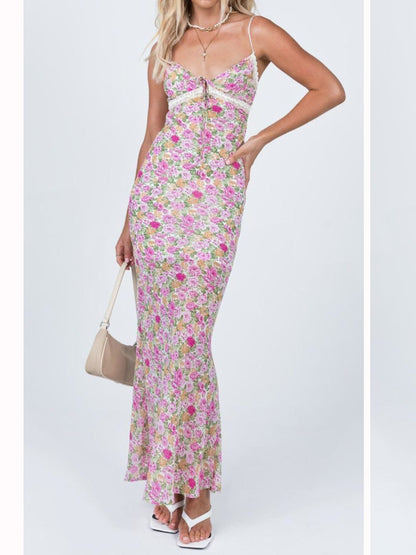 Floral Print Lace Trim Spaghetti Strap Long Dress Elegant Bodycon Tank Dress Sleeveless Maxi Dress Summer Streetwear