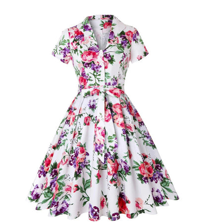 Summer Cotton Vintage Tunic Midi Dress 50s Short Sleeve 4XL 70s Robe Swing Retro Floral Print White Rockabilly Office Vestidos