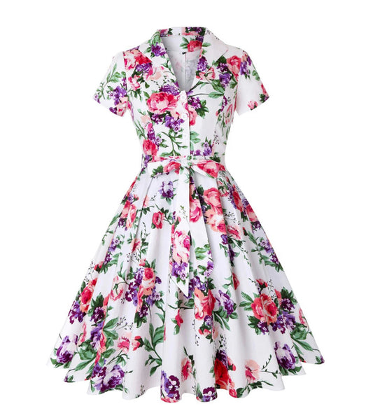 Summer Cotton Vintage Tunic Midi Dress 50s Short Sleeve 4XL 70s Robe Swing Retro Floral Print White Rockabilly Office Vestidos
