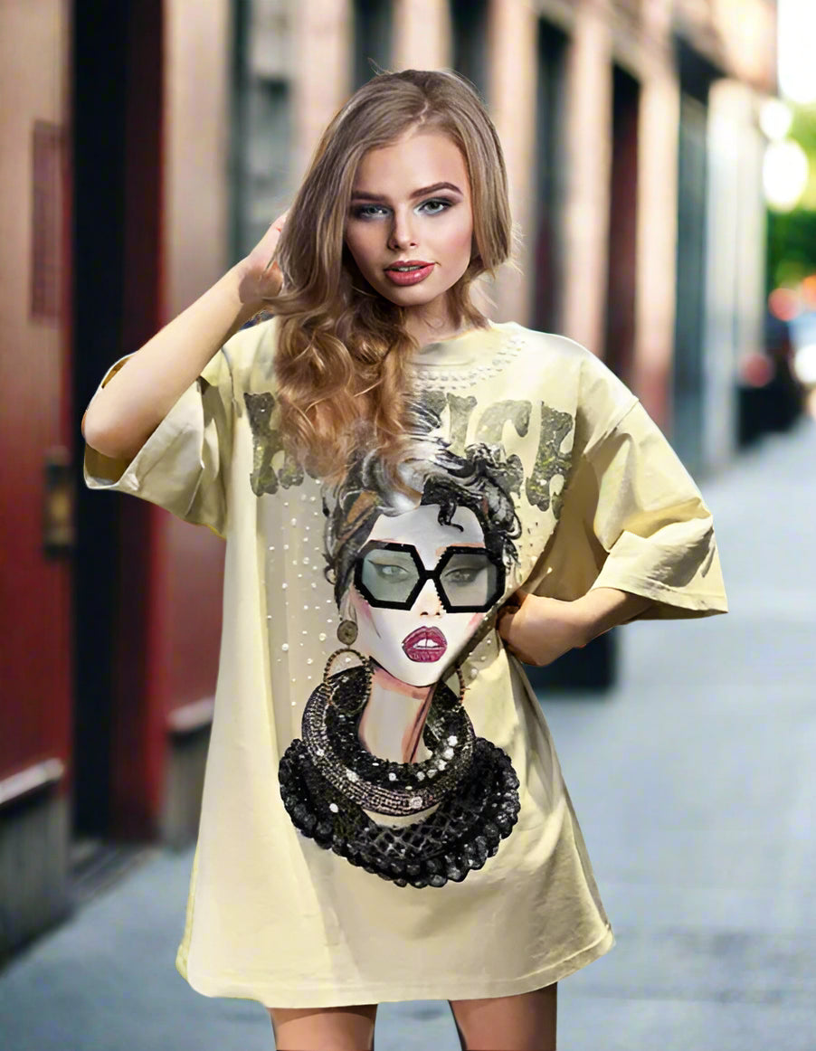 HMUCH Super GLAM Oversized T-shirt Rhinestone Streetwear Brand Lace Goddess Rhinestone Round Neck Short Sleeve T-shirt Dress