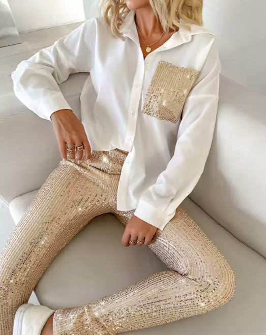 Women Gold Sequin White Long Sleeve Gold Pant Set Glitter Shiny Pant Sets Gold Outfit