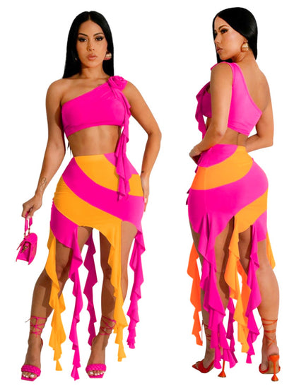 Summer Ruffles Sexy Two 2 Pieces Sets Women Stripe Tassel Skirts and Flower Skew Collar Crop Top Y2k Club Party Outfits
