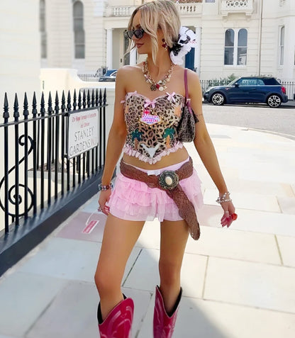 Sweet Lace Bow Two Piece Set Ruffle Pink Shorts OR Short Puffy Skirt With Leopard Print Crop Top, Bling Top, Ruffle Shorts, Y2k Street Shorts Skirts