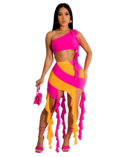 Summer Ruffles Sexy Two 2 Pieces Sets Women Stripe Tassel Skirts and Flower Skew Collar Crop Top Y2k Club Party Outfits