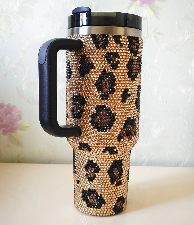 Rhinestone Brown Leopard Print Tumbler Customizable Handcraft 40OZ Water Bottle Stainless Steel Thermal Vaccum Mosaic Coffee Mug