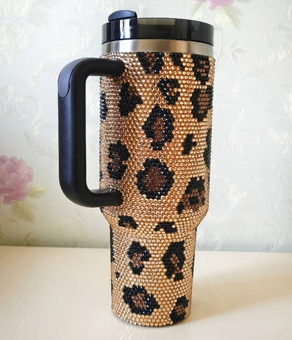 Rhinestone Brown Leopard Print Tumbler Customizable Handcraft 40OZ Water Bottle Stainless Steel Thermal Vaccum Mosaic Coffee Mug