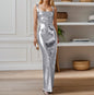 Sexy Glam Siren Sling Backless Glitter Maxi Dress Shiny Bling Evening Party Dress With Leg Slit