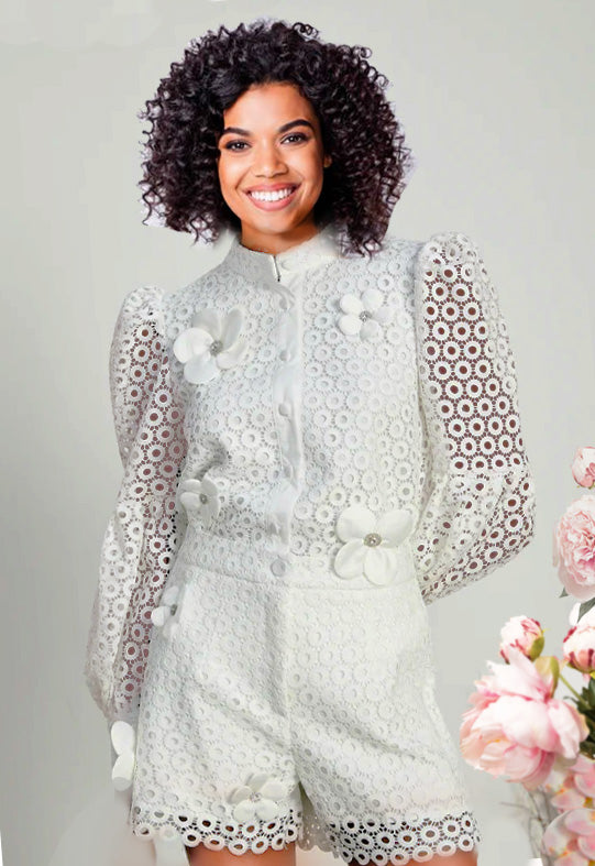 Floral Diamond Accent Two Piece Set One of A Kind Outfit Hook Flower Hollow Shirt & Short Set Sexy Embroidery Hook Flower Hollow Crochet Set Women Button Top Shorts Outfit Lantern Sleeve Lace Suit Set