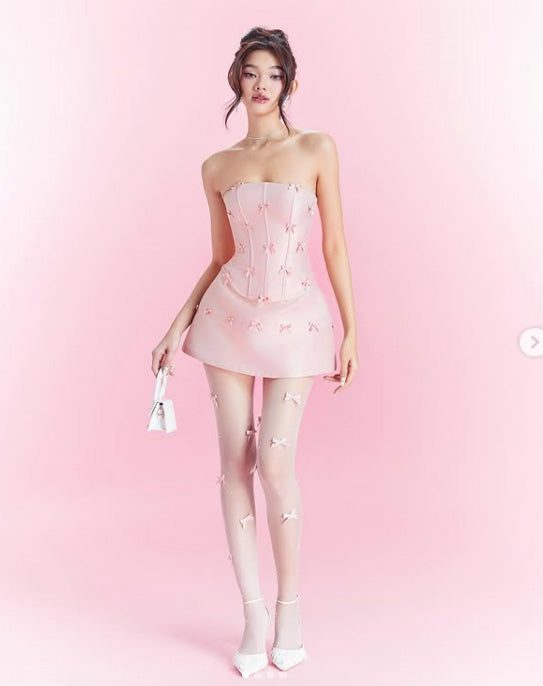 Sweet Pink Cute Bow Set Women New Spring Summer Fashion Short Corset Top & Pink Mini Skirt with Bow Set