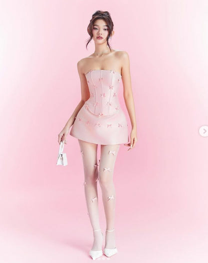 Sweet Pink Cute Bow Set Women New Spring Summer Fashion Short Corset Top & Pink Mini Skirt with Bow Set