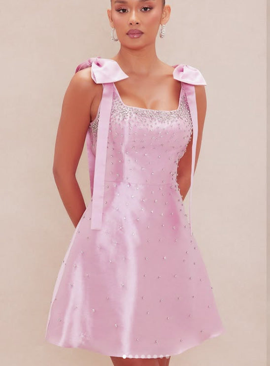 Exquisite Bow Pleat Rhinestone A-line Short Dress Pink Bow Sleeve Dress