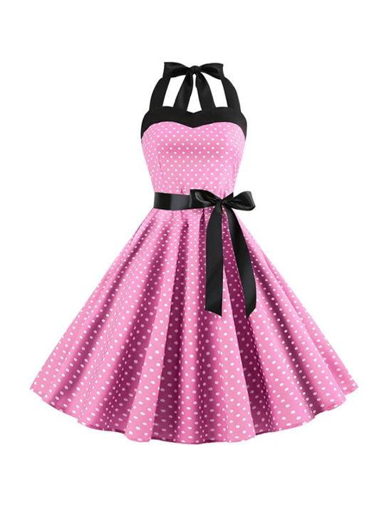 Sexy Retro White Polka Dot Dress Hepburn Vintage Halter Party Dress 50s 60s Pin Up Rockabilly Robe