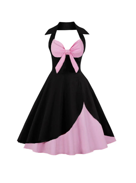 Strapless Halter Sexy 50s Vintage Women Dress V Neck Pathwork Pinup Big Swing Vestidos Elegant Ruffle Rockabilly Party Dresses