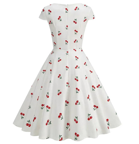Print Cherry Sunflower 50s 60s Pin Up Rockabilly Dress V Neck Summer Clothes Women Hepburn Vintage Swing  Party Dresses