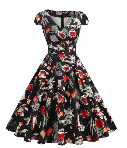 Print Cherry Sunflower 50s 60s Pin Up Rockabilly Dress V Neck Summer Clothes Women Hepburn Vintage Swing  Party Dresses