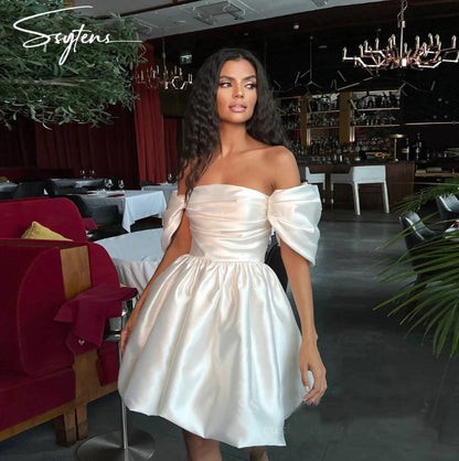 Simple Soft Satin Mini Party Dresses Off The Shoulder Pleats Bride Formal Party Dress Short Sleeves Bridal Gowns Bride Wedding  Classy Party Dress