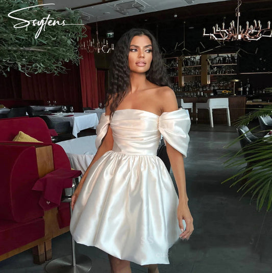 Simple Soft Satin Mini Party Dresses Off The Shoulder Pleats Bride Formal Party Dress Short Sleeves Bridal Gowns Bride Wedding  Classy Party Dress