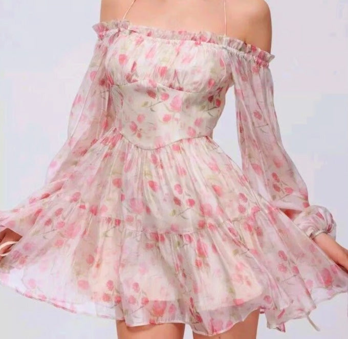 Romantic Dress Sweet Floral Mini Dress Woman Long Sleeve Causal Floral Dress Beach Party One Piece Dress Korean Fashion Summer Chic Sheer Long Sleeves