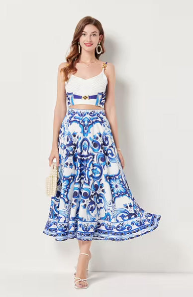 New Floral Blue Suspender Skirt And Swing Dress Two-Piece Set 2 Piece Sets Women Outfit New In Matching Sets Women's Clothing Sales Runway Model Summer Dress