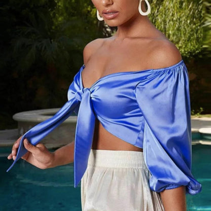 Sexy Satin Slik Crop Top Lantern Sleeves V-Neck Lace Up Women's Tops T-shirt Silky Tie Front Top