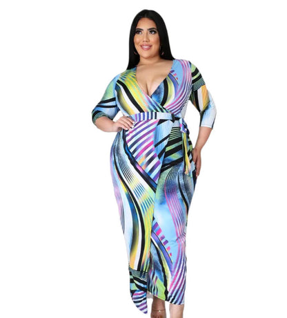 New Fashionable and Sexy V-neck Slim Fit Waist Dress with Printed Over the Knee Mid Length Plus Size Women's Clothing Casual Y2k