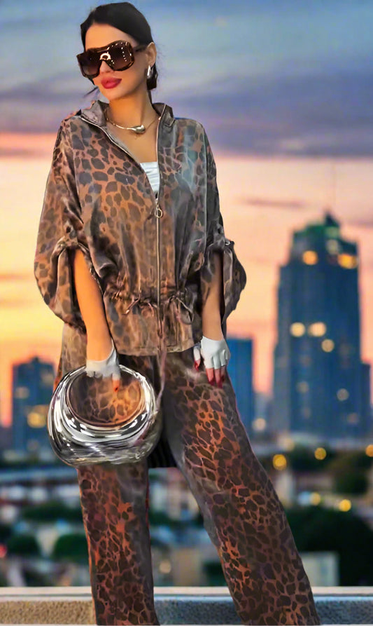 Women's Leopard Print Silky Shiny Set Mid Sleeve Leopard Print Coat & Wide Leg Pants 2-Piece Suit Waist Drawstring Casual Outfits Zipper Suit Travel Outfit