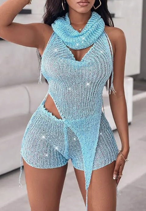 Womens Summer 2025 Sexy Scoop Neck Sleeveless Backless Strap Sequin Hoodie Backless Top + Shorts Two Piece Set Club Party Wear Set