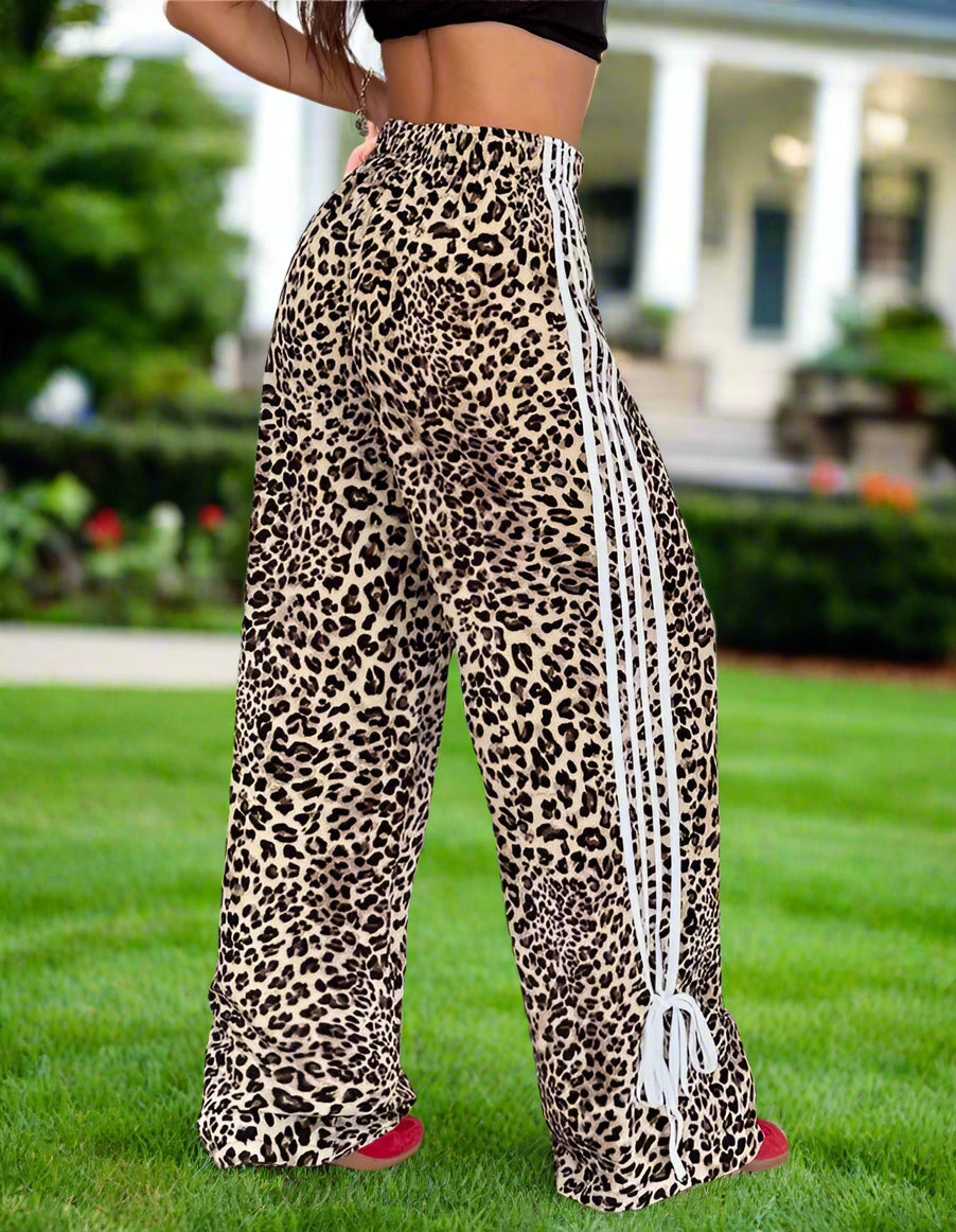 Varsity Skater Leopard Street Pant Women High Waist Striped Wide Leg Side Tie Pants Fashion Loose Pants Casual Pants
