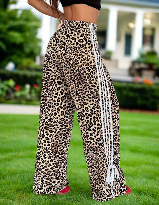 Varsity Skater Leopard Street Pant Women High Waist Striped Wide Leg Side Tie Pants Fashion Loose Pants Casual Pants
