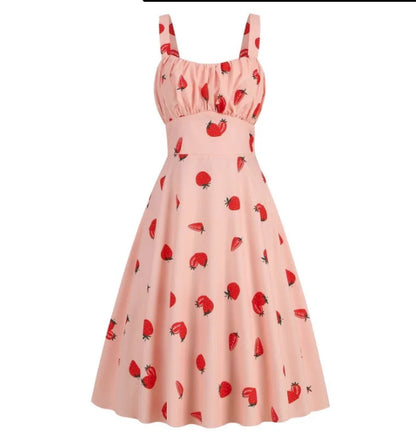 Strawberry Print Vintage Summer Dresses Women Holiday Outfits Women Femme Sexy 1950s 60s Rockabilly Party Dress Fun Cute Dress