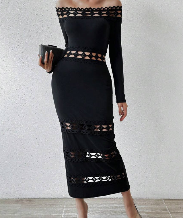 Stunning Black Dress Evening Party Club Bodycon Maxi Dress for Women Sexy Off Shoulder Lace Patch Long Sleeve Midi Dress