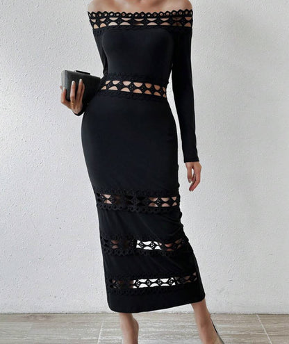 Stunning Black Dress Evening Party Club Bodycon Maxi Dress for Women Sexy Off Shoulder Lace Patch Long Sleeve Midi Dress
