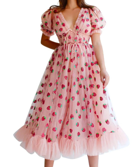 French Cherry Love Strawberry Sparkle Sweet Vintage Style Dress V-neck Bow Tie Dress