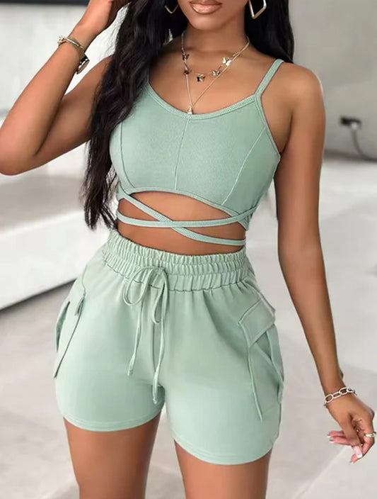 2025 Women Sexy Spaghetti Straps Crisscross Lace Up Cami Top & Solid Bottom Pockets Summer Short Sets Casual Matching Set