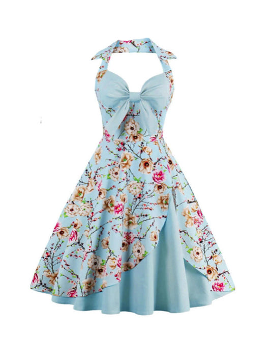 Floral Print Halter Vintage Tunic Dress 50s 60s Elegant V Neck Party Casual Retro Big Swing Bow Dress Rockabilly Women Clothing