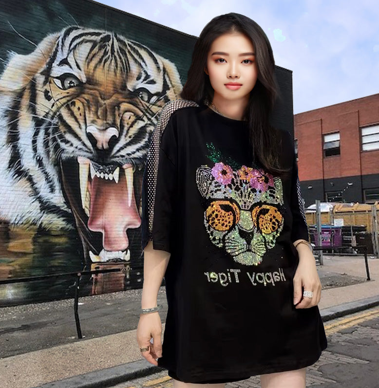 Happy Tiger Fashion Rhinestone 3D Tiger Wearing Sunglasses With Flowers Cut Mesh Sleeves Pullover Oversized Short Sleeve Cotton Top Bling