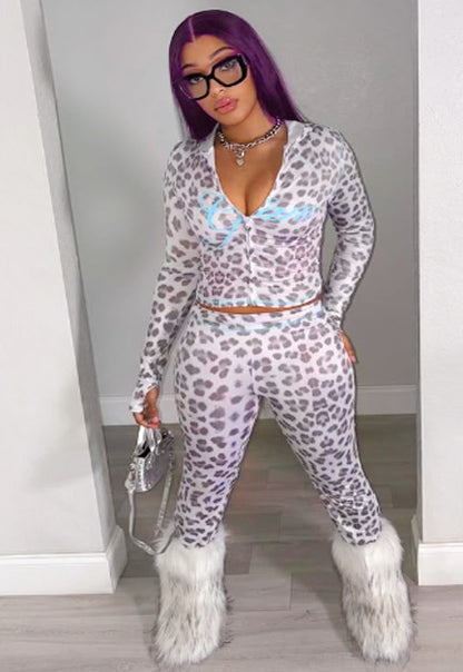 Leopard Print 2 Piece Set  Hoodie Insta Tracksuit Athleisure Hooded Crop Jacket + Flared Pants Stretch Matching Suit