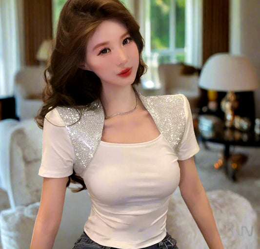 Classy Showstopper Rhinestone Square Neck Women's Short Sleeve Top