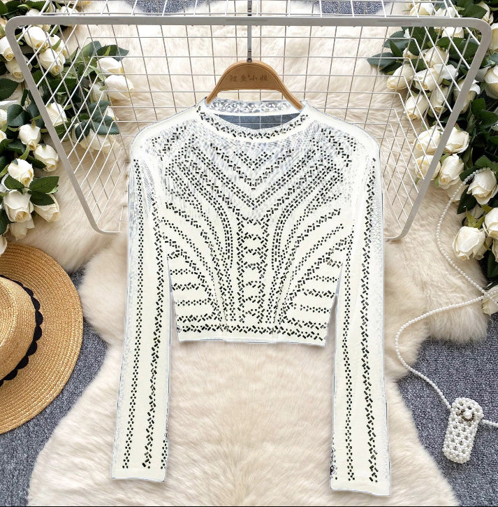 Black Mesh Elegant Rhinestone Pattern O-neck Pleated Basics Chic Fashion Blouse