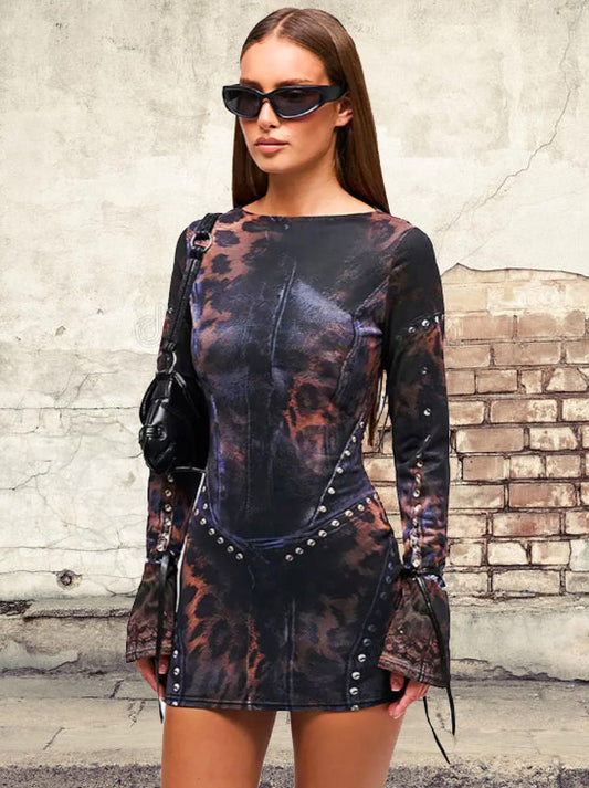 Leopard Smoke Show Sexy Bodycon Mini Dress Women Fashion Full Sleeve Female Club Party Dress