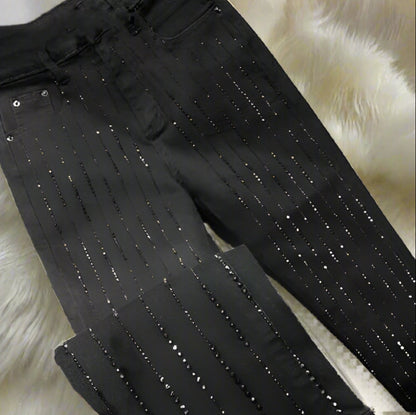 Rhinestone Black Denim Pencil Pants Women's Jeans Autumn New European Elastic High Waisted Stretchy Jean Pants