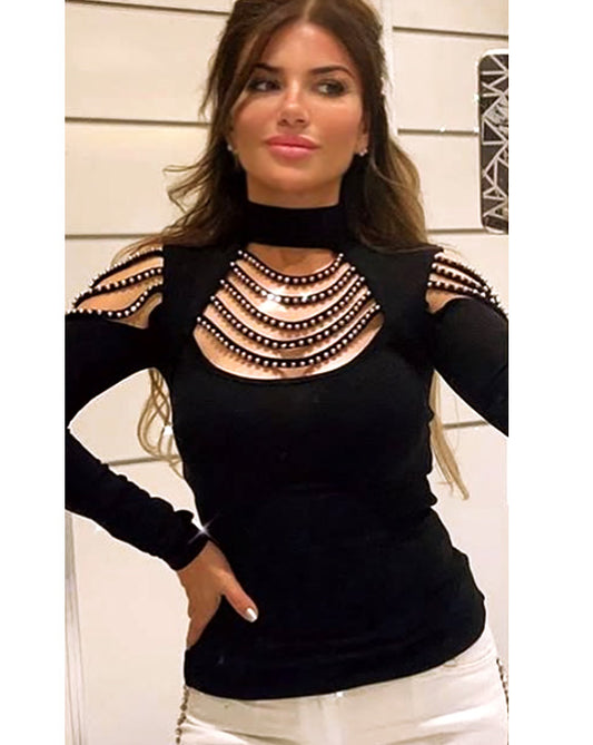 Women Chic Rhinestone Décor Cold Shoulder Long Sleeve Sexy Black Rhinestone Bling Glitter Blouse Top