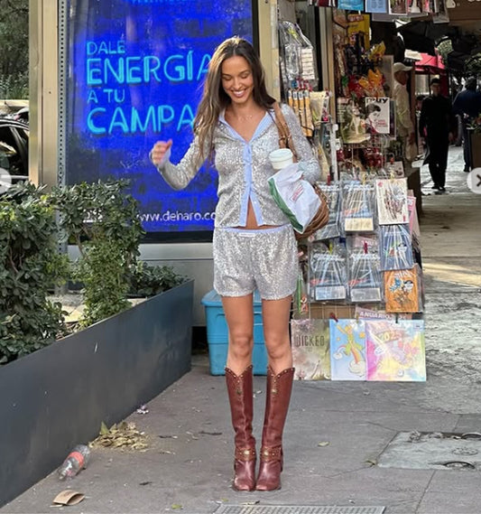 Glitter Sequin Sparking Pin Stripe Accent "Boyfriend" Top & Short Set Button Up Shirt Women Glitter Suit Long Sleeve Blouses Short Pant Spring Slim Casual Pant Sets